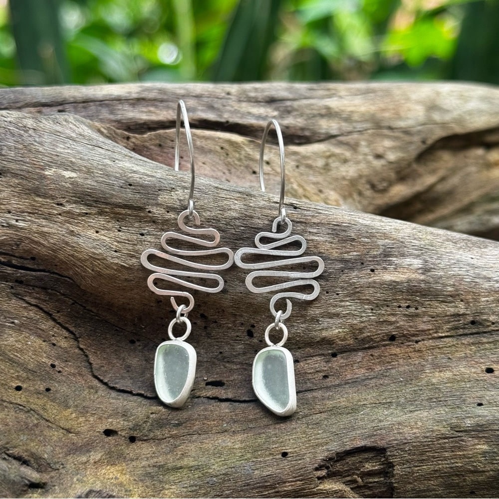 Aqua blue sea glass Handmade sterling silver spiral swirl drop earrings